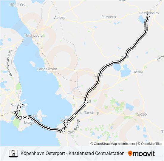 KÖPENHAVN ÖSTERPORT - KRISTIANSTAD CENTRALSTATION tåg Linje karta