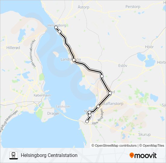 MALMÖ HYLLIE STATION - HELSINGBORG CENTRALSTATION tåg Linje karta