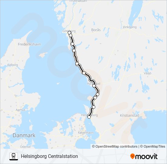 GÖTEBORG CENTRALSTATION - HELSINGBORG CENTRALSTATION tåg Linje karta