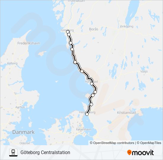 HELSINGBORG CENTRALSTATION - GÖTEBORG CENTRALSTATION tåg Linje karta