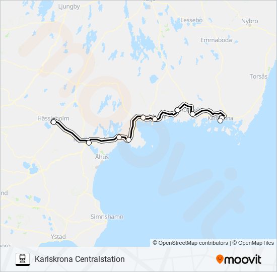 HÄSSLEHOLM CENTRALSTATION - KARLSKRONA CENTRALSTATION tåg Linje karta