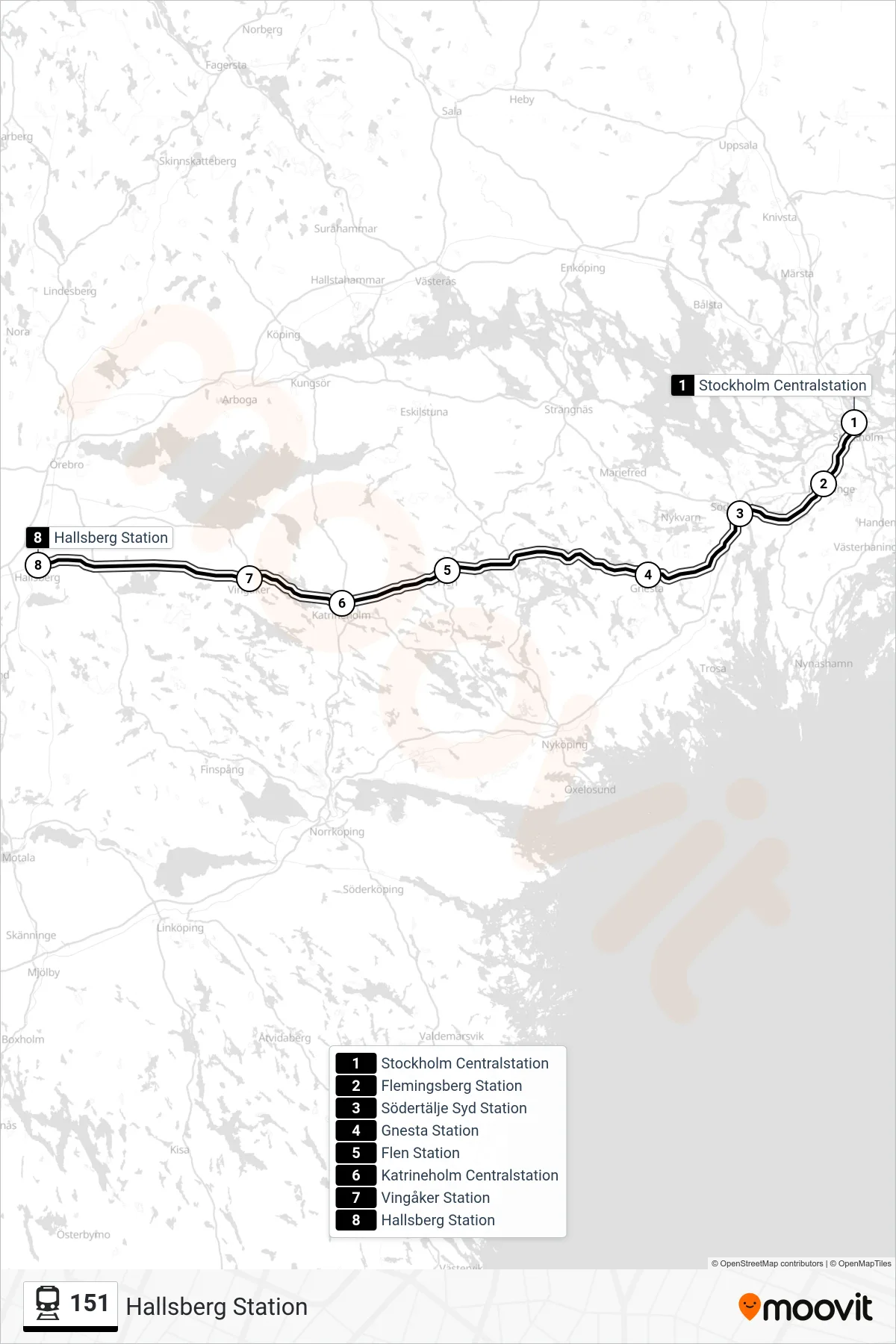 Rutt och hållplatser på karta för linje 151  spårvagn, (Hallsberg Station)