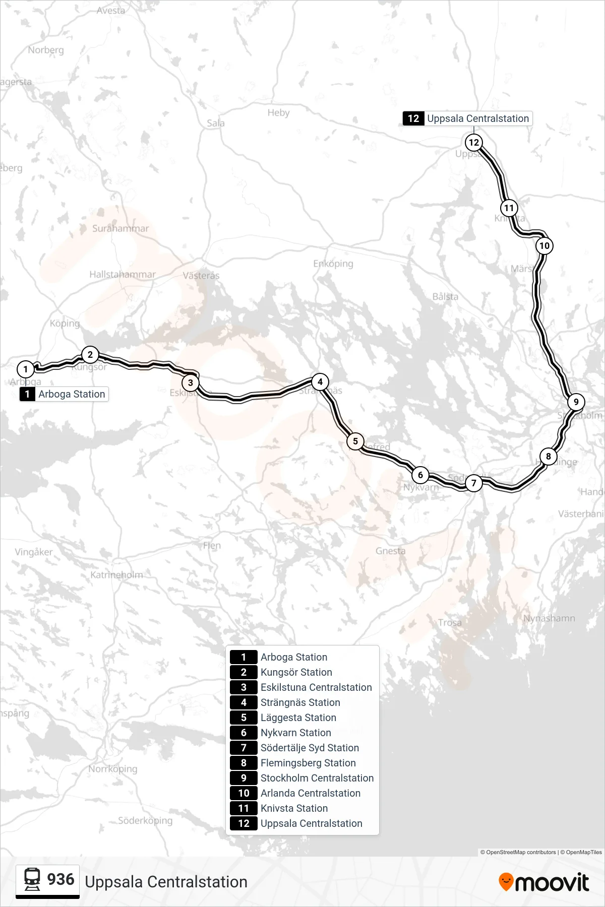 Rutt och hållplatser på karta för linje 936 spårvagn, (Uppsala Centralstation)
