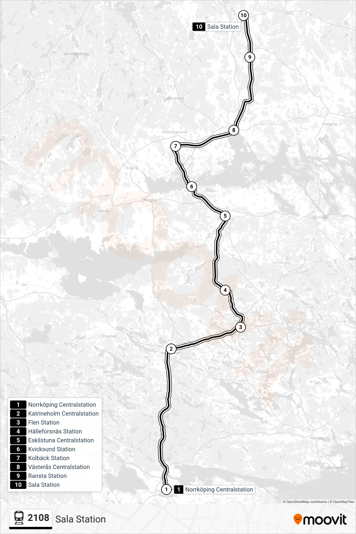 Rutt och hållplatser på karta för linje 2108 spårvagn, (Sala Station)