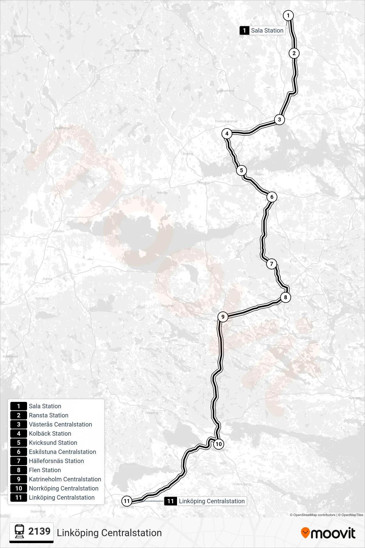 Rutt och hållplatser på karta för linje 2139 spårvagn, (Linköping Centralstation)