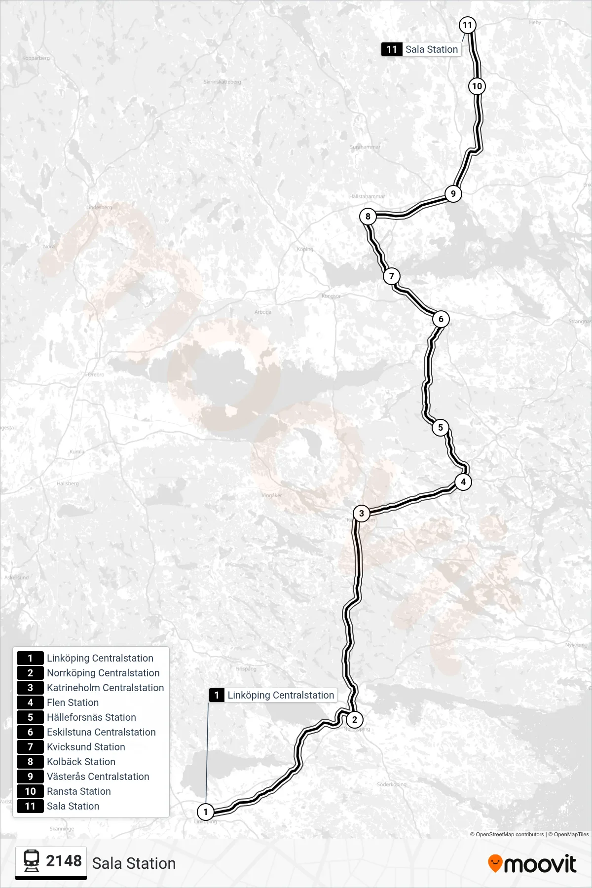 Rutt och hållplatser på karta för linje 2148  spårvagn, (Sala Station)