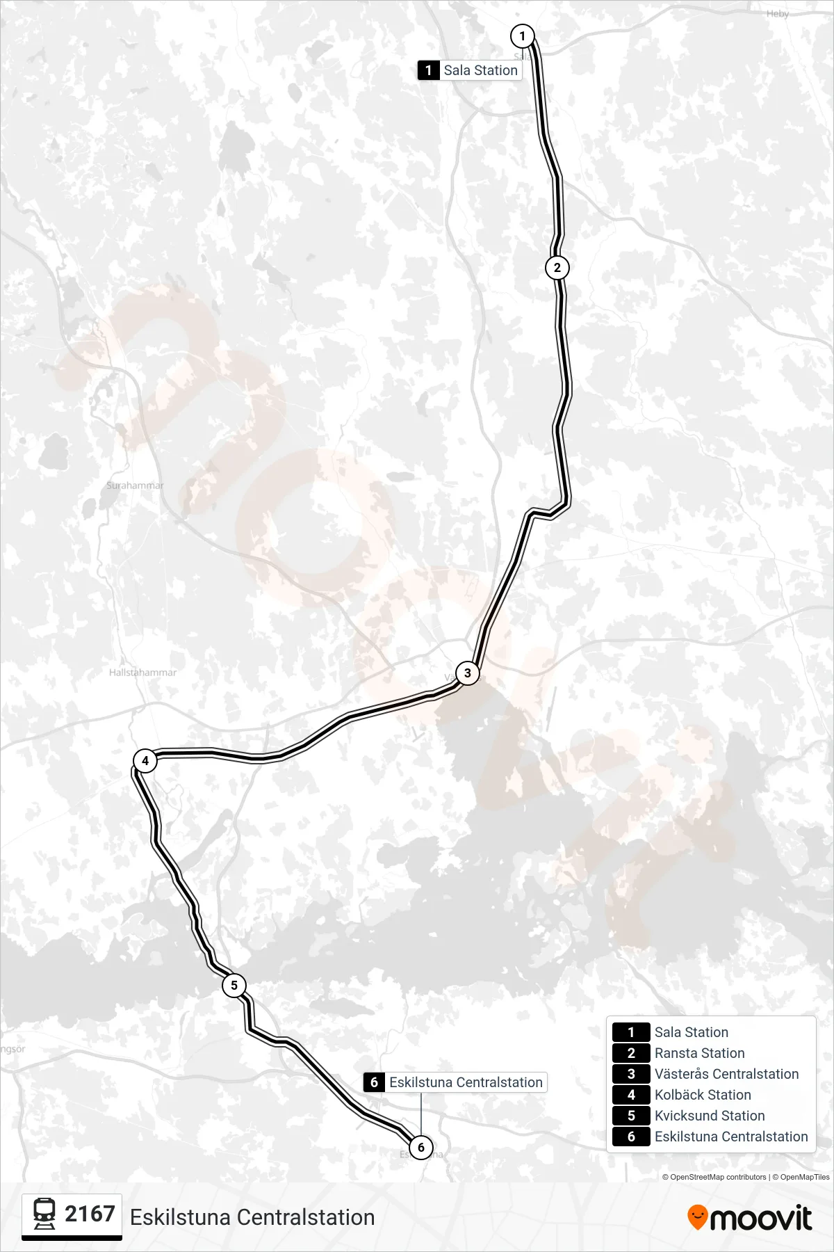 Rutt och hållplatser på karta för linje 2167  spårvagn, (Eskilstuna Centralstation)