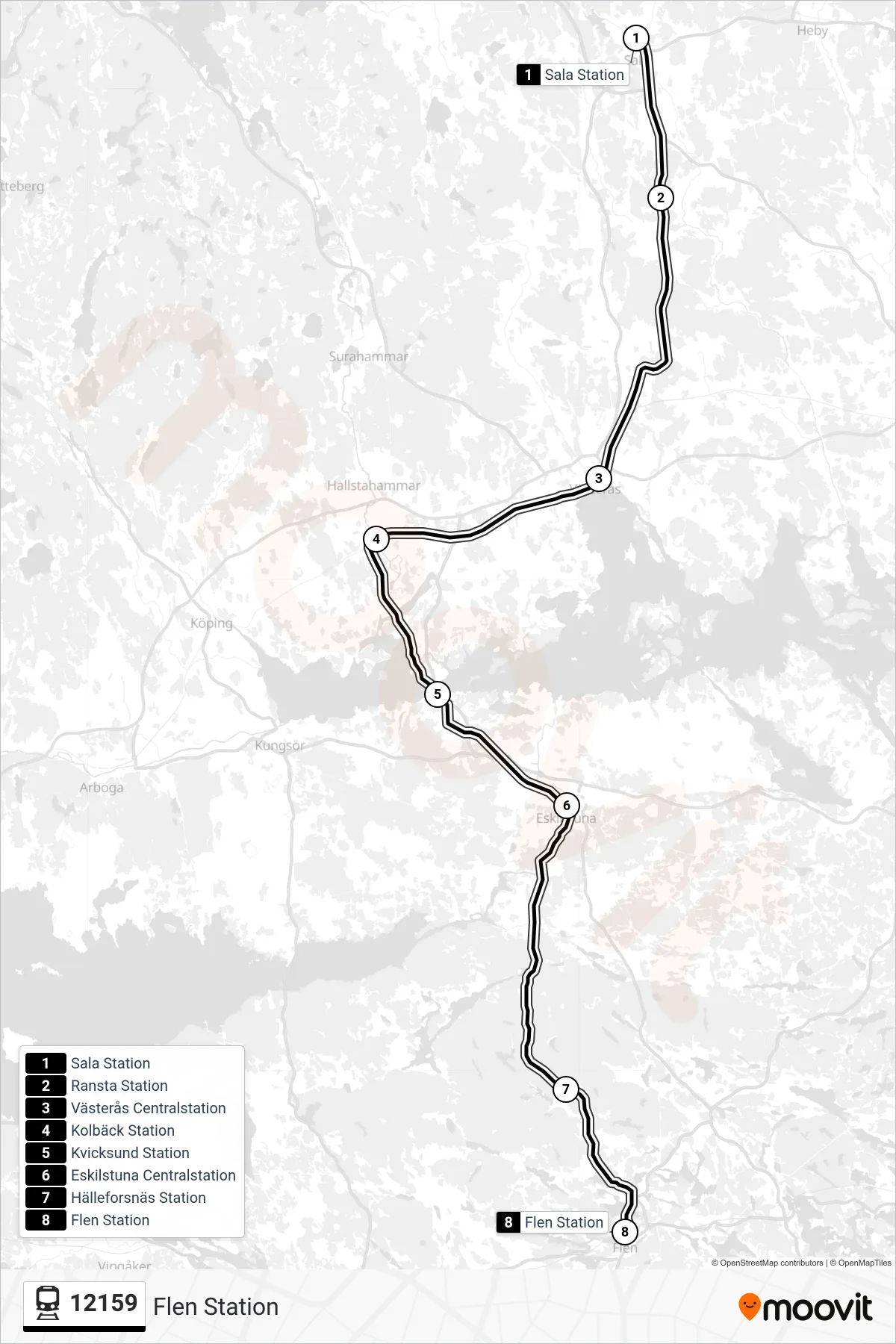 Rutt och hållplatser på karta för linje 12159 spårvagn, (Flen Station)