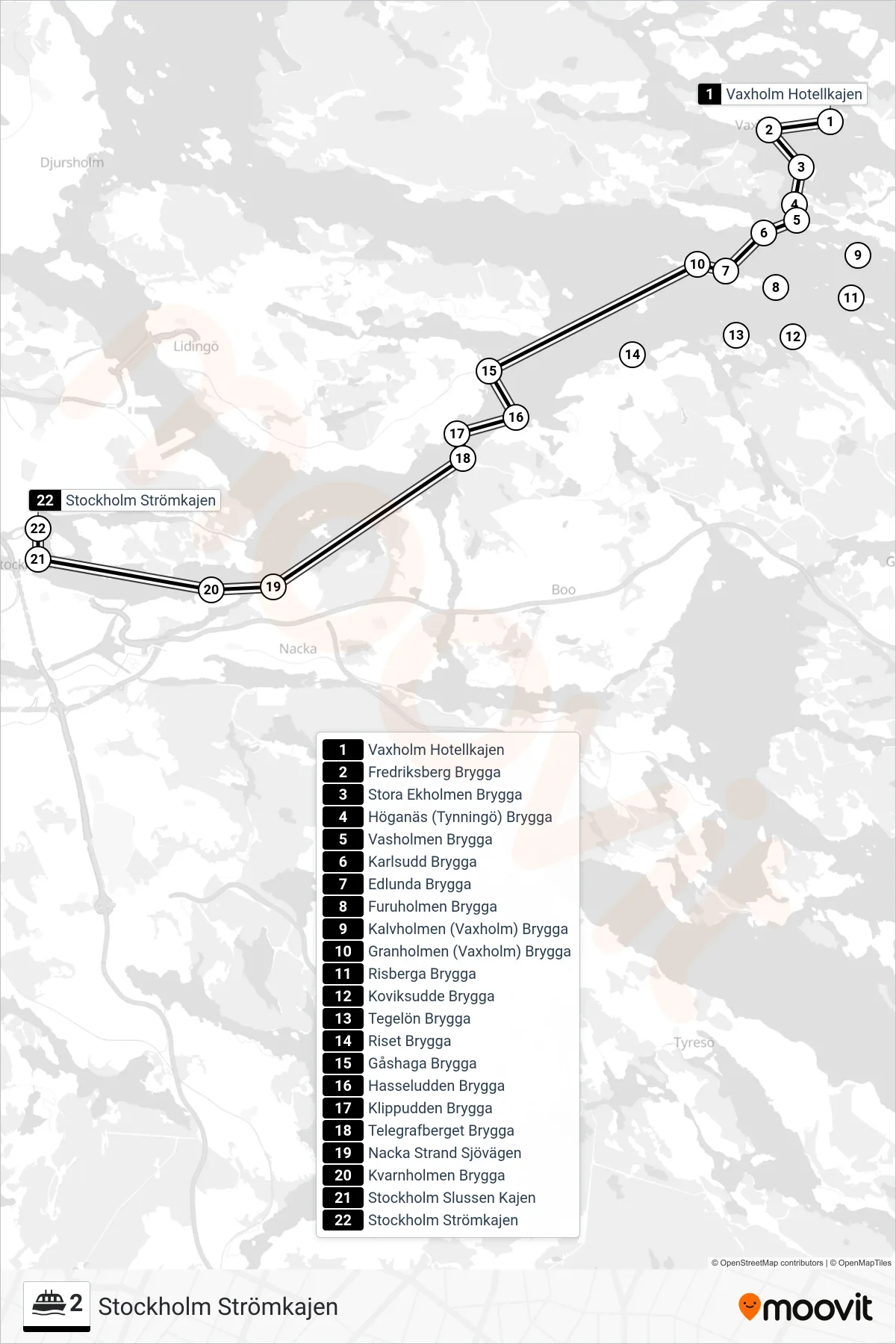 Rutt och hållplatser på karta för linje 2 färja, (Stockholm Strömkajen)