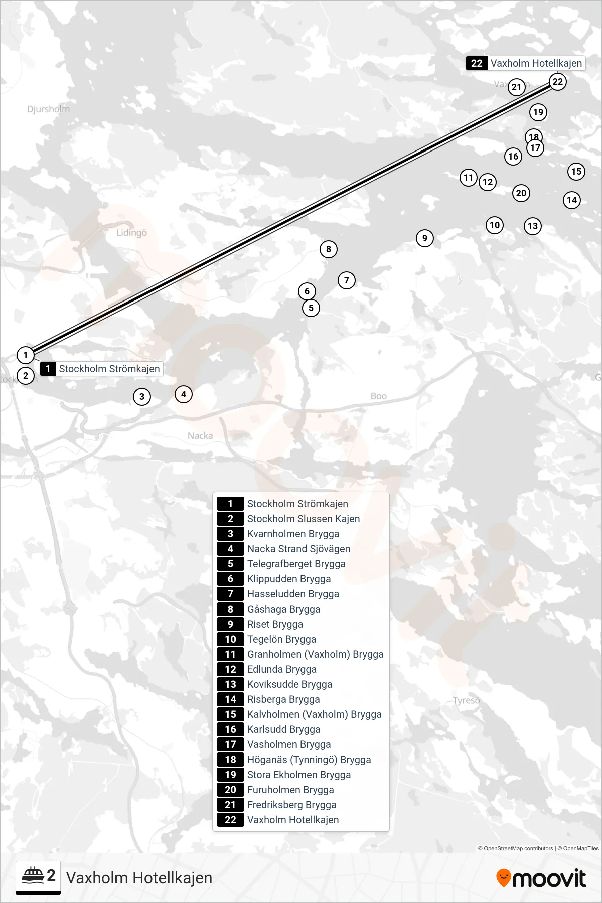 Rutt och hållplatser på karta för linje 2 färja, (Vaxholm Hotellkajen)