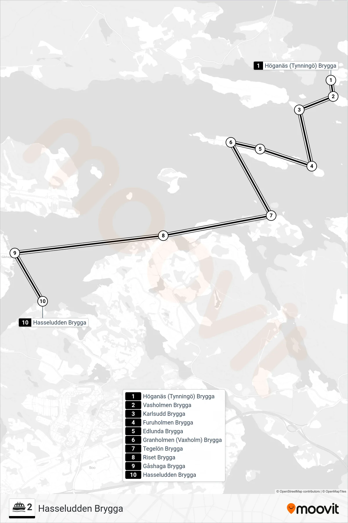Rutt och hållplatser på karta för linje 2 färja, (Hasseludden Brygga)