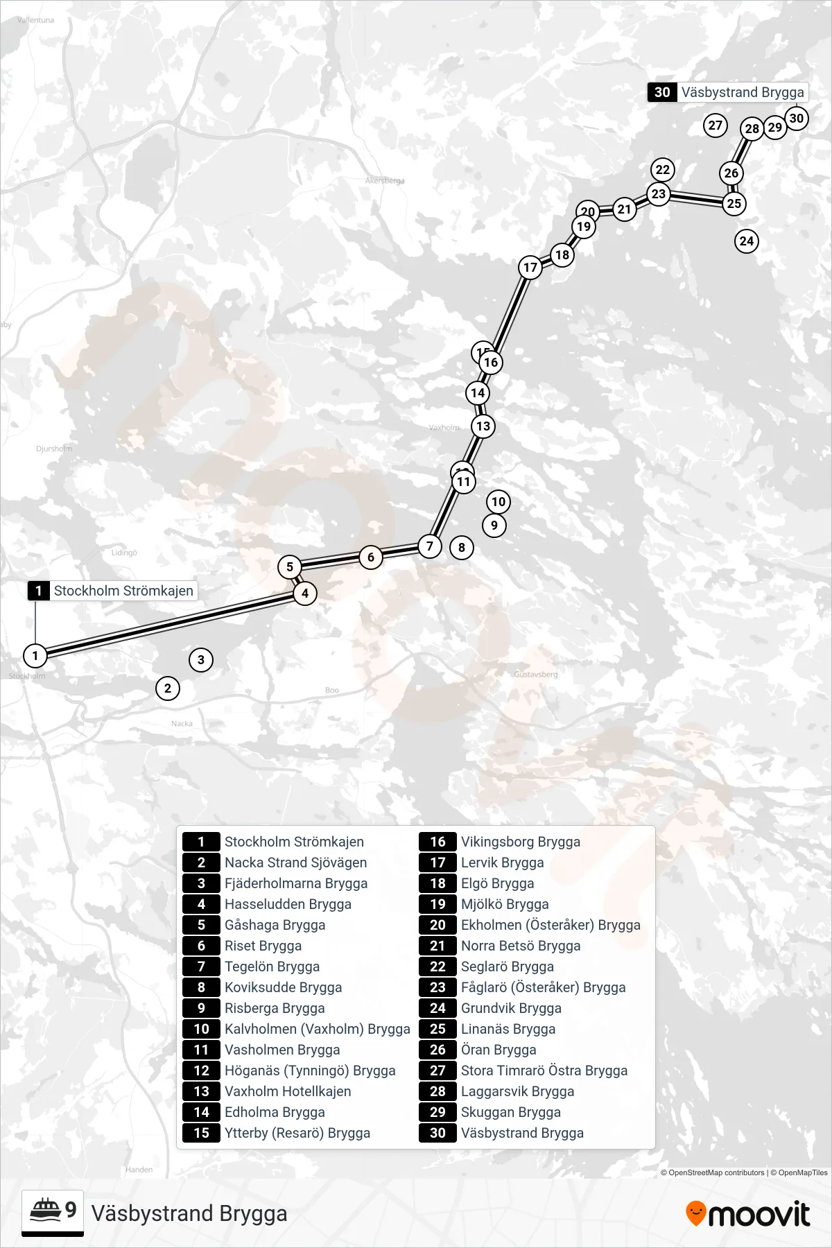Rutt och hållplatser på karta för linje 9  färja, (Väsbystrand Brygga)