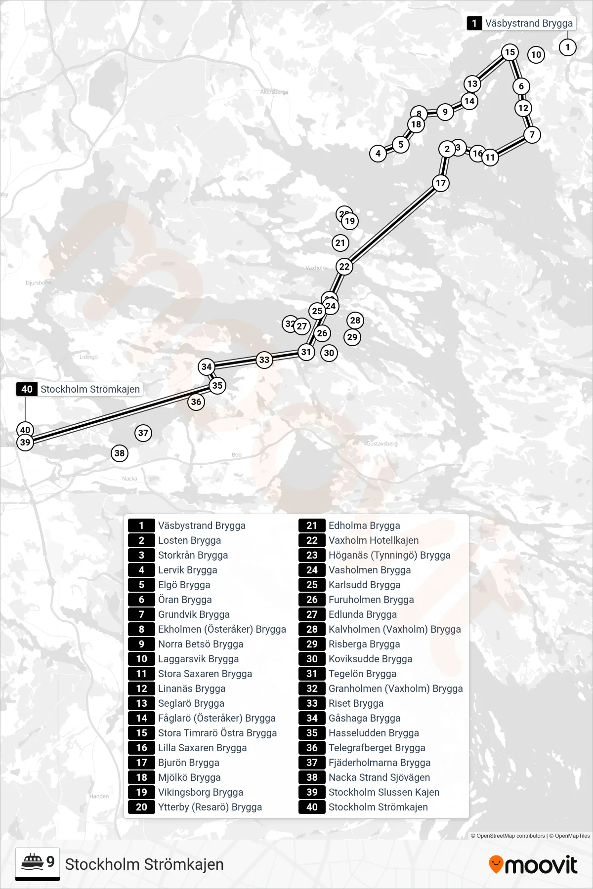 Rutt och hållplatser på karta för linje 9 färja, (Stockholm Strömkajen)