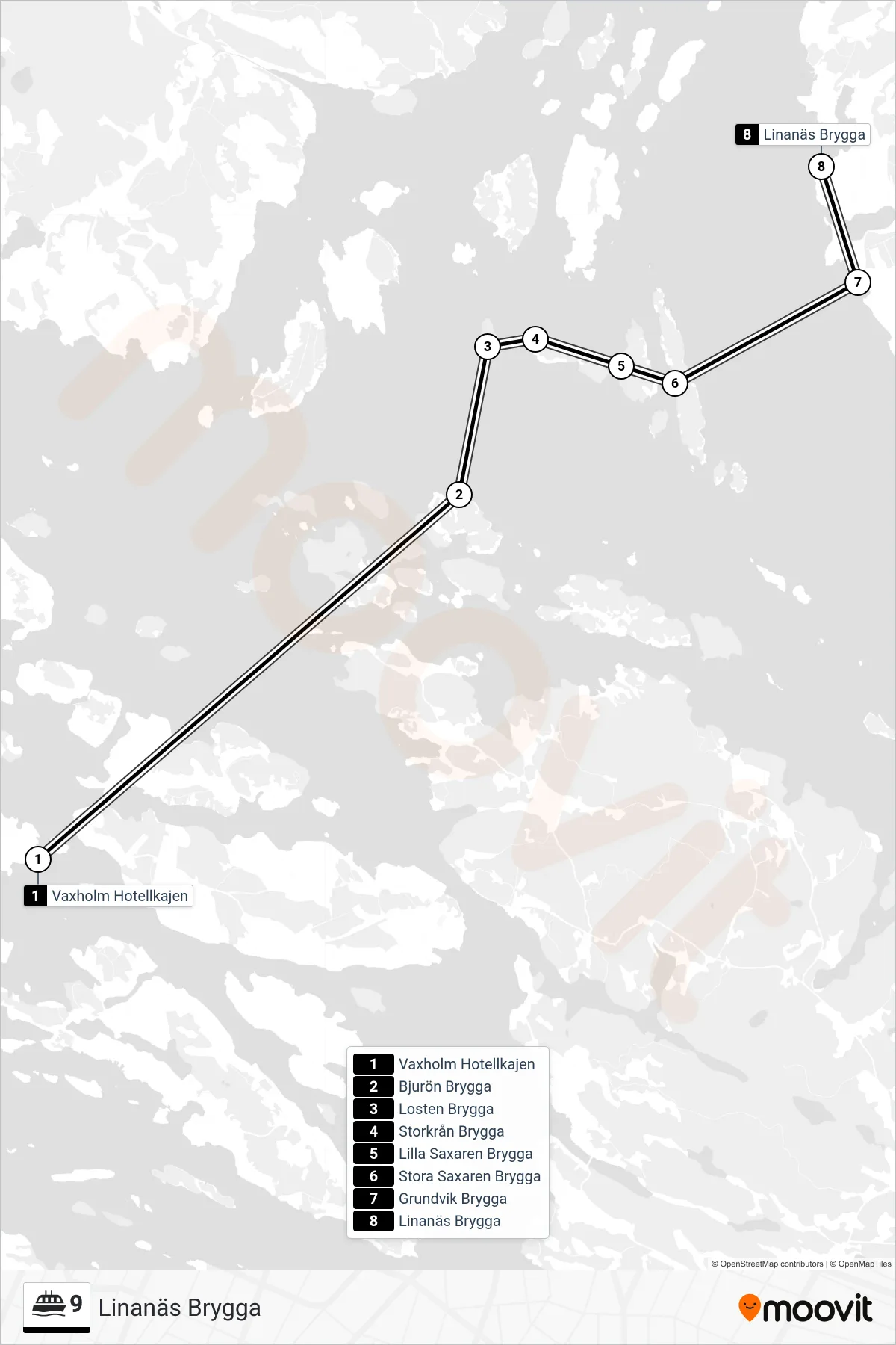 Rutt och hållplatser på karta för linje 9 färja, (Linanäs Brygga)