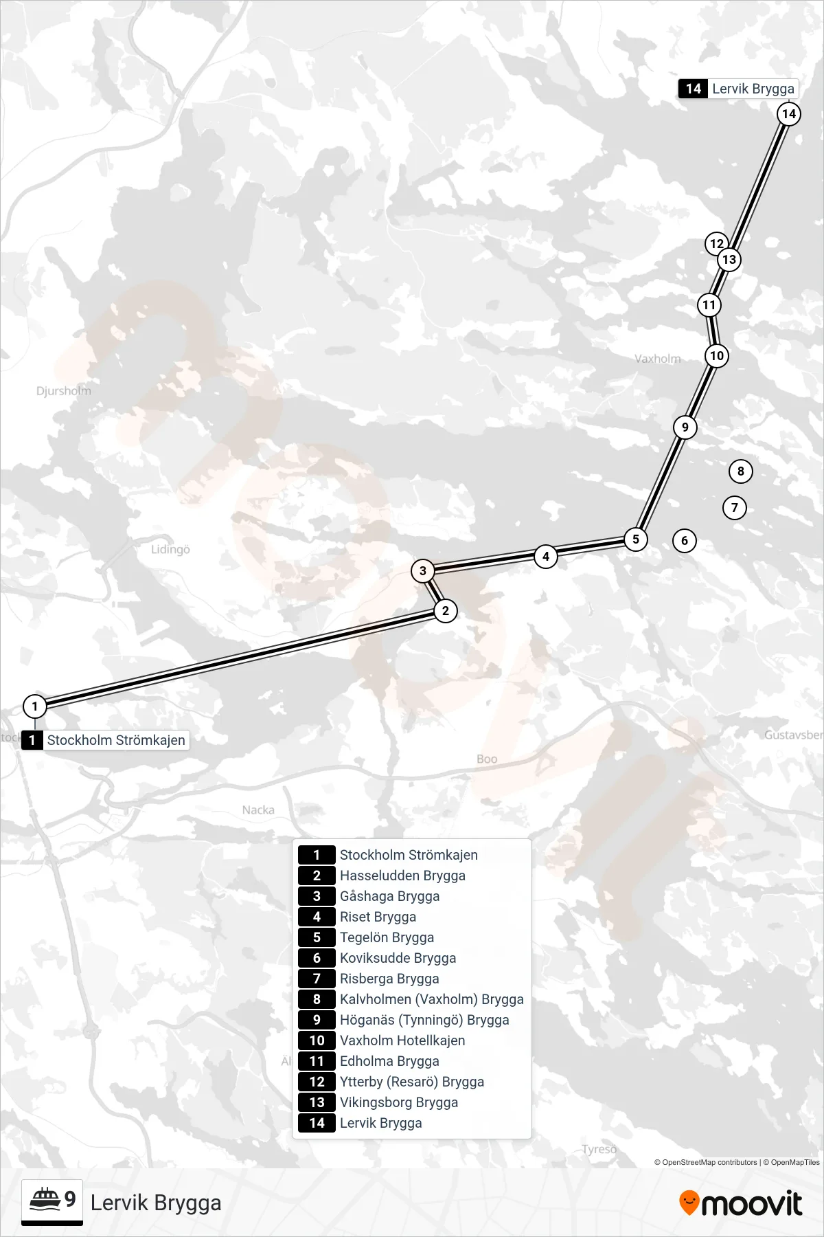 Rutt och hållplatser på karta för linje 9 färja, (Lervik Brygga)