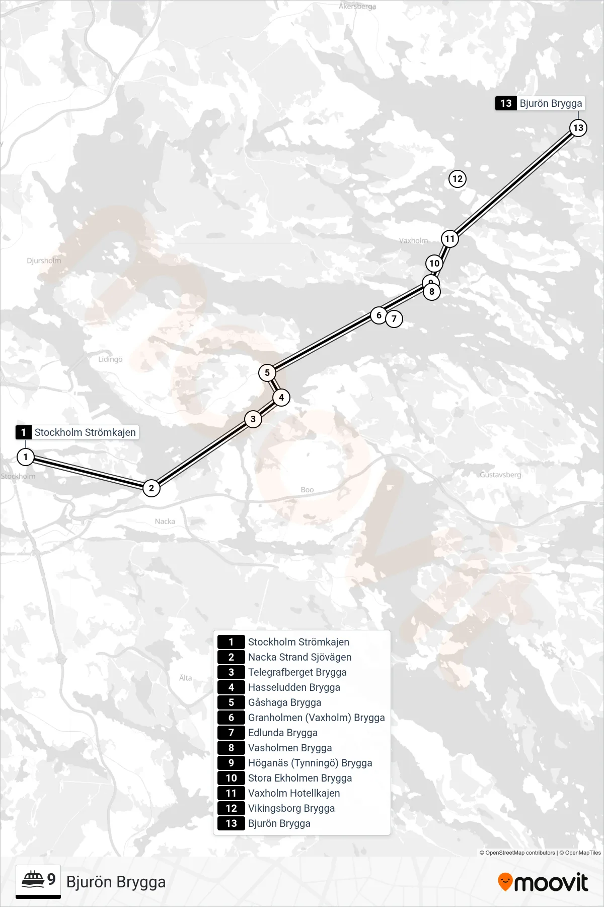 Rutt och hållplatser på karta för linje 9  färja, (Bjurön Brygga)