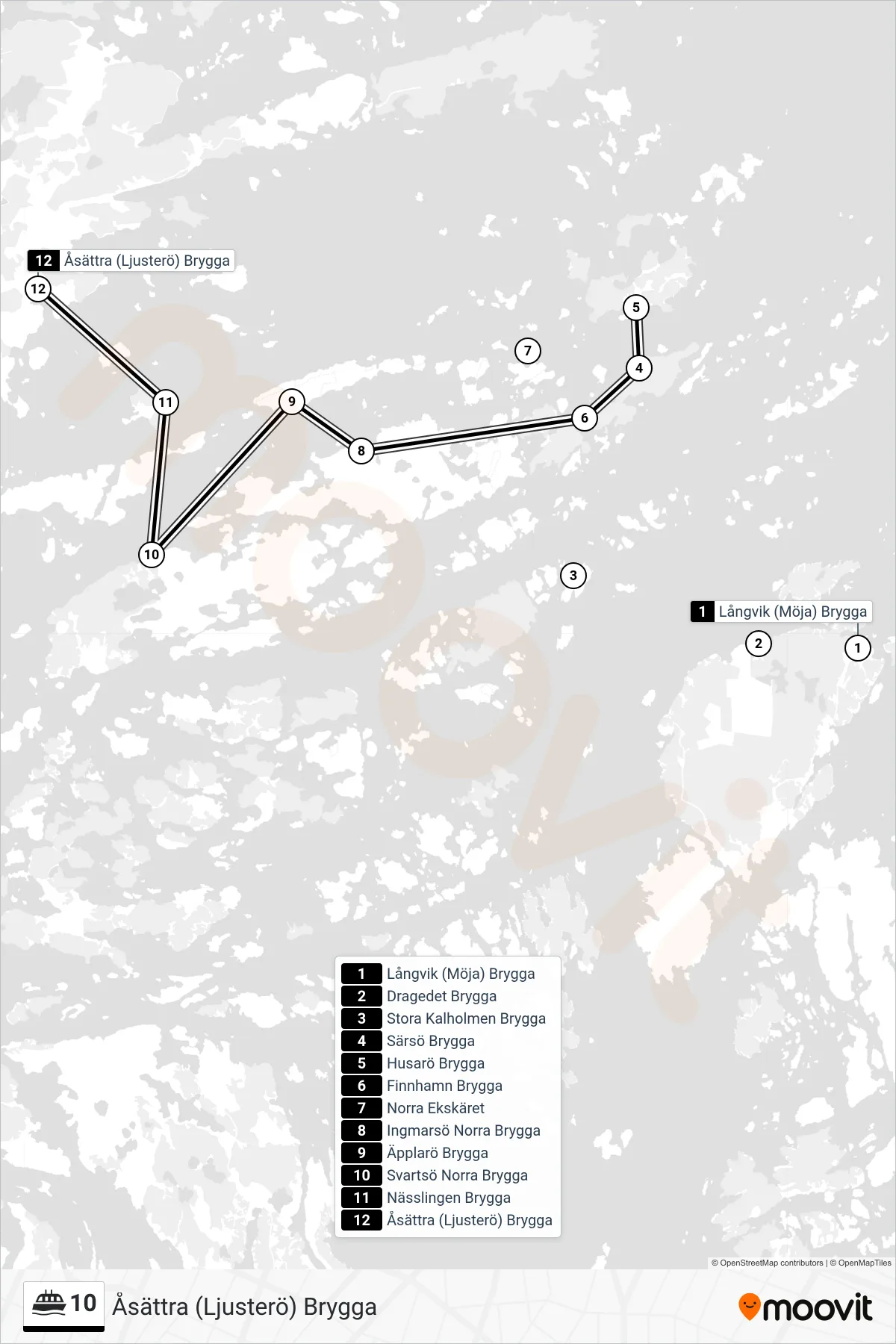 Rutt och hållplatser på karta för linje 10  färja, (Åsättra (Ljusterö) Brygga)
