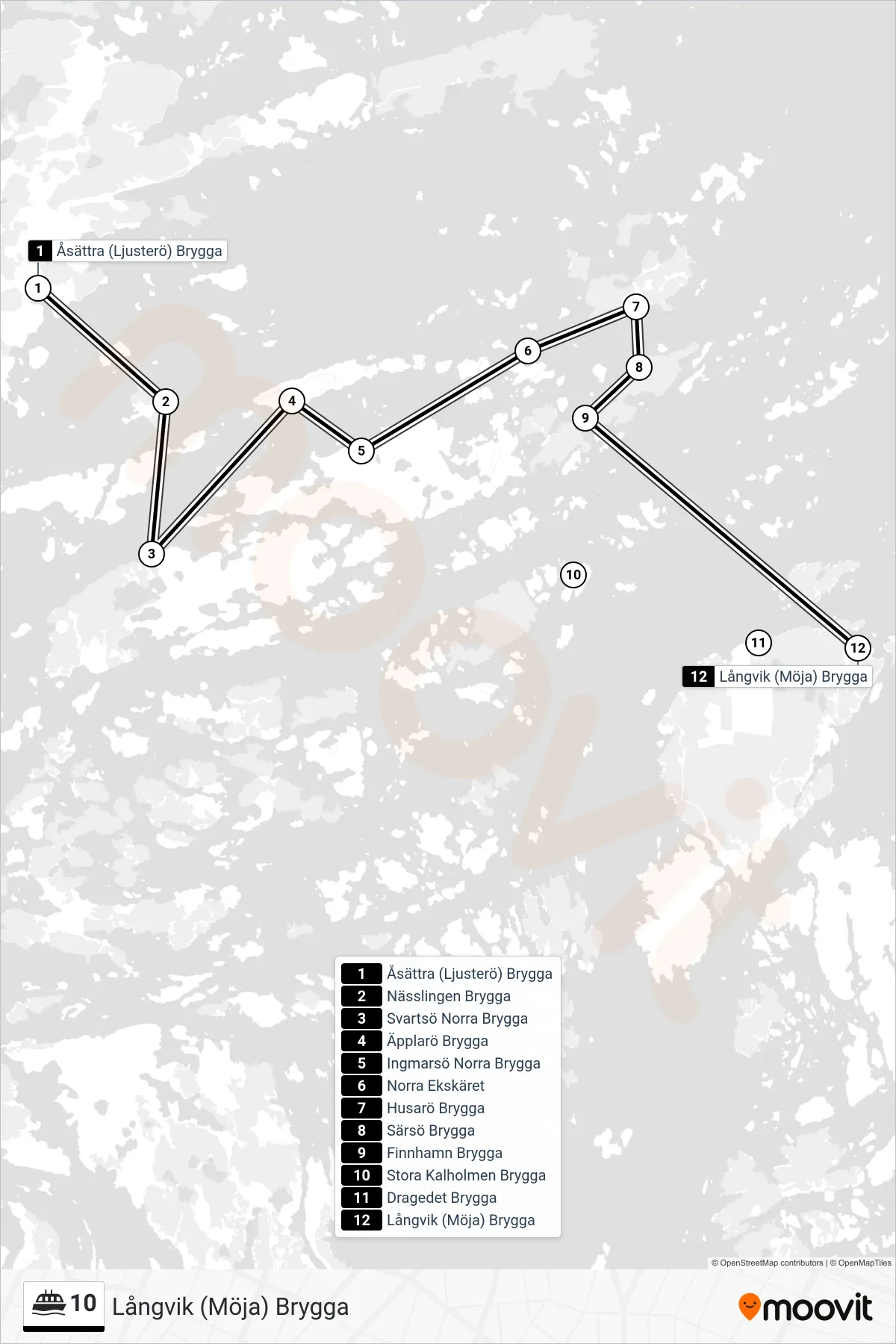 Rutt och hållplatser på karta för linje 10 färja, (Långvik (Möja) Brygga)