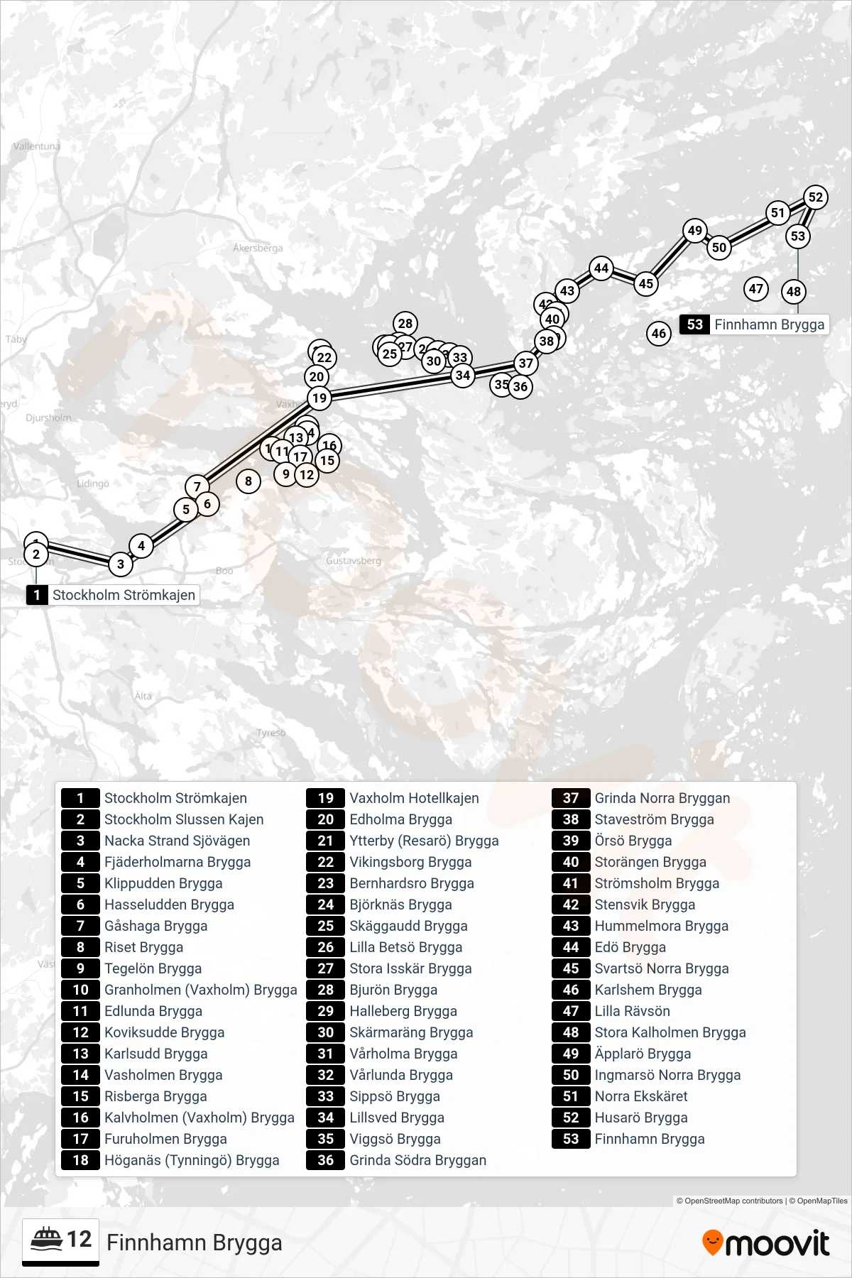 Rutt och hållplatser på karta för linje 12  färja, (Finnhamn Brygga)