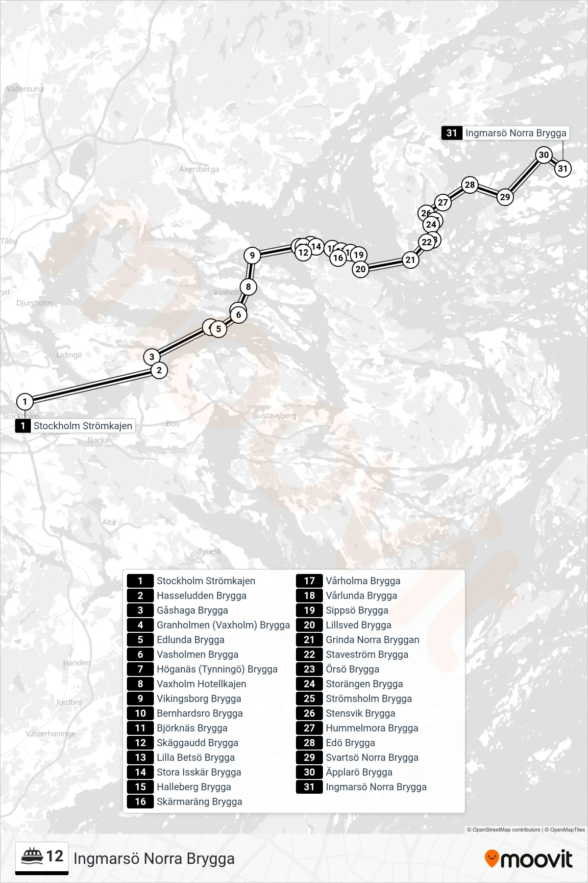 Rutt och hållplatser på karta för linje 12 färja, (Ingmarsö Norra Brygga)