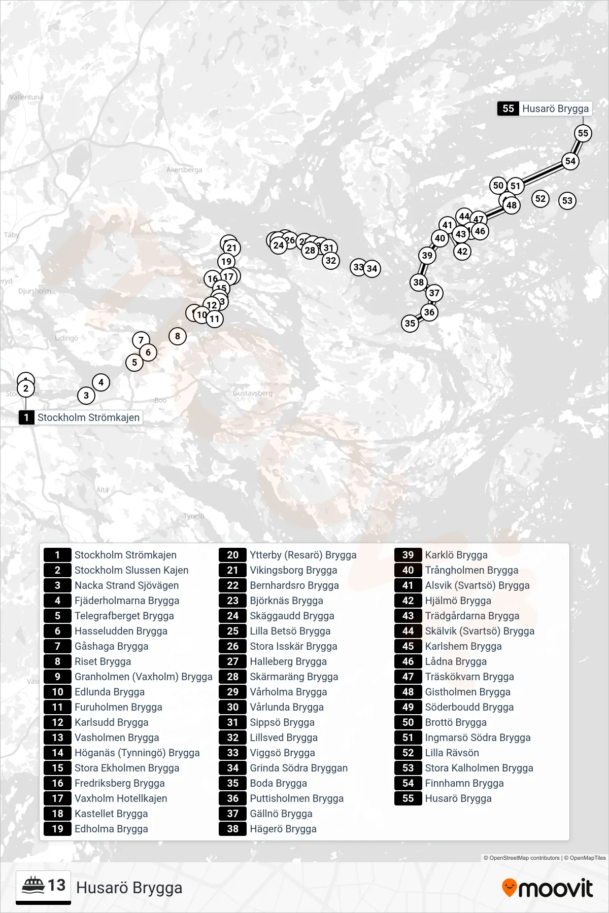 Rutt och hållplatser på karta för linje 13 färja, (Husarö Brygga)