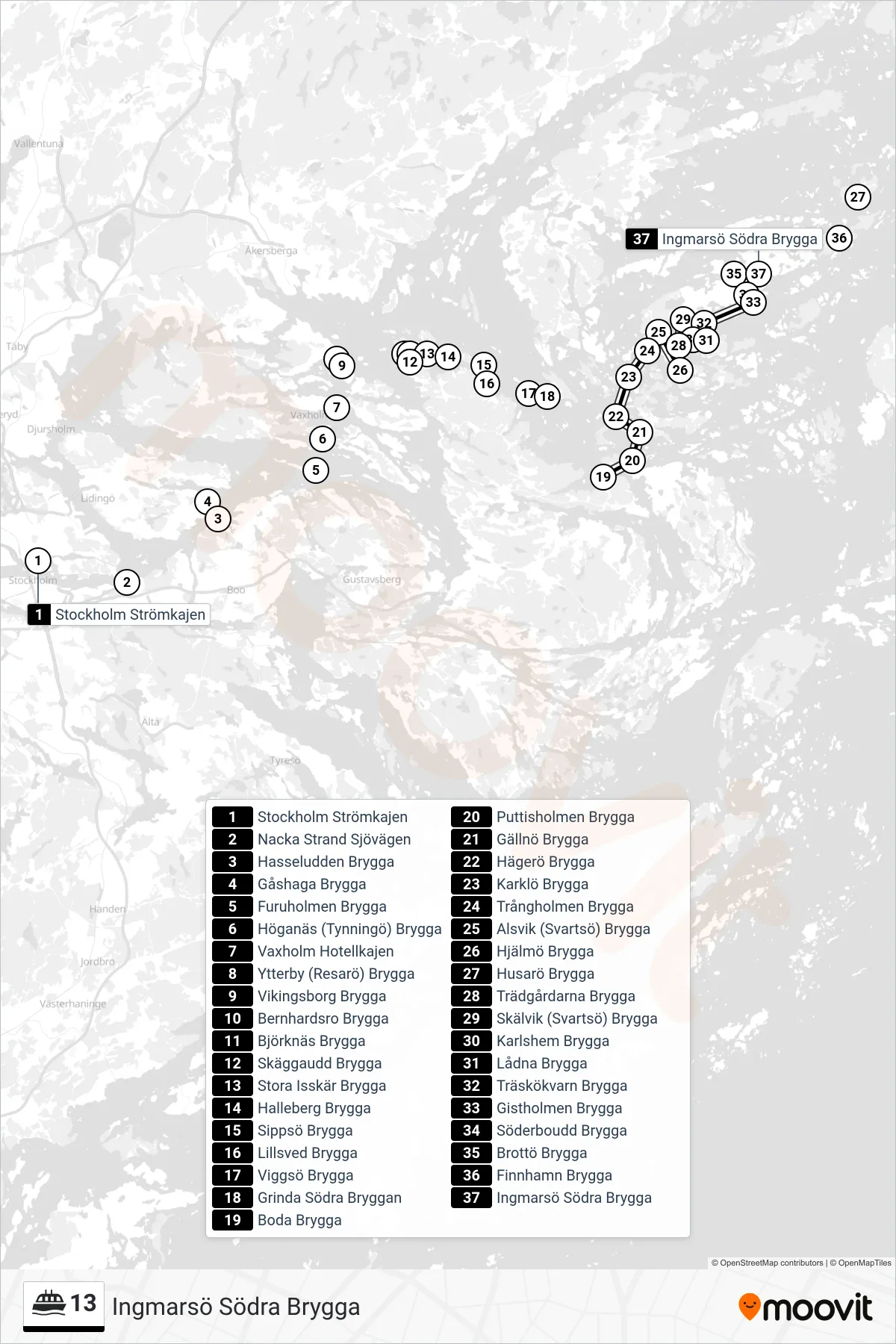 Rutt och hållplatser på karta för linje 13  färja, (Ingmarsö Södra Brygga)