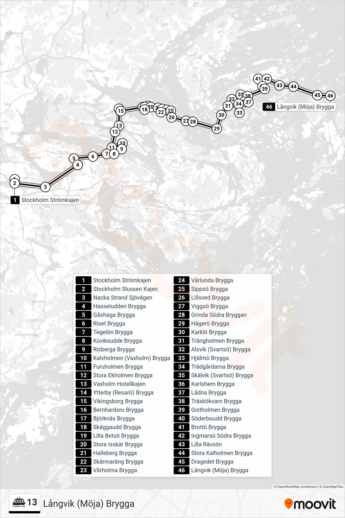 Rutt och hållplatser på karta för linje 13  färja, (Långvik (Möja) Brygga)