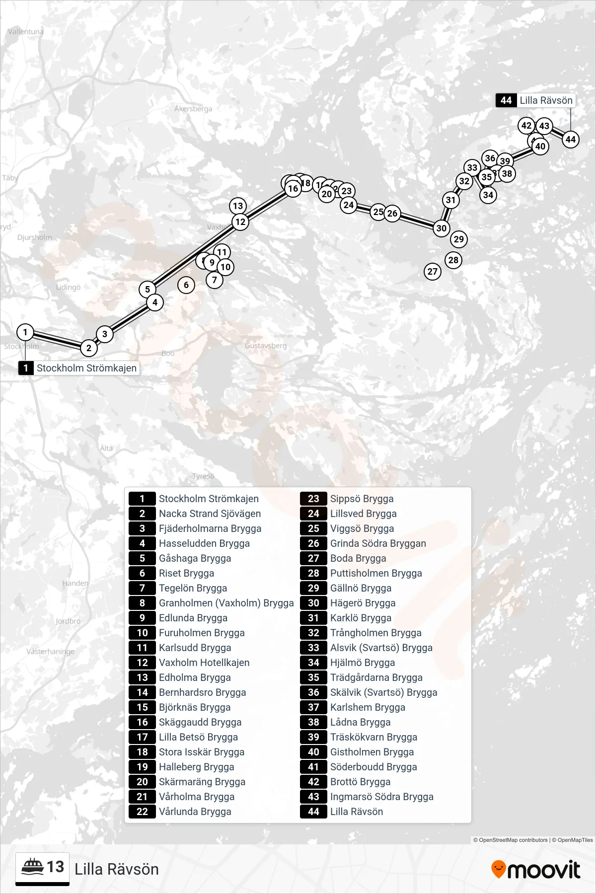 Rutt och hållplatser på karta för linje 13  färja, (Lilla Rävsön)