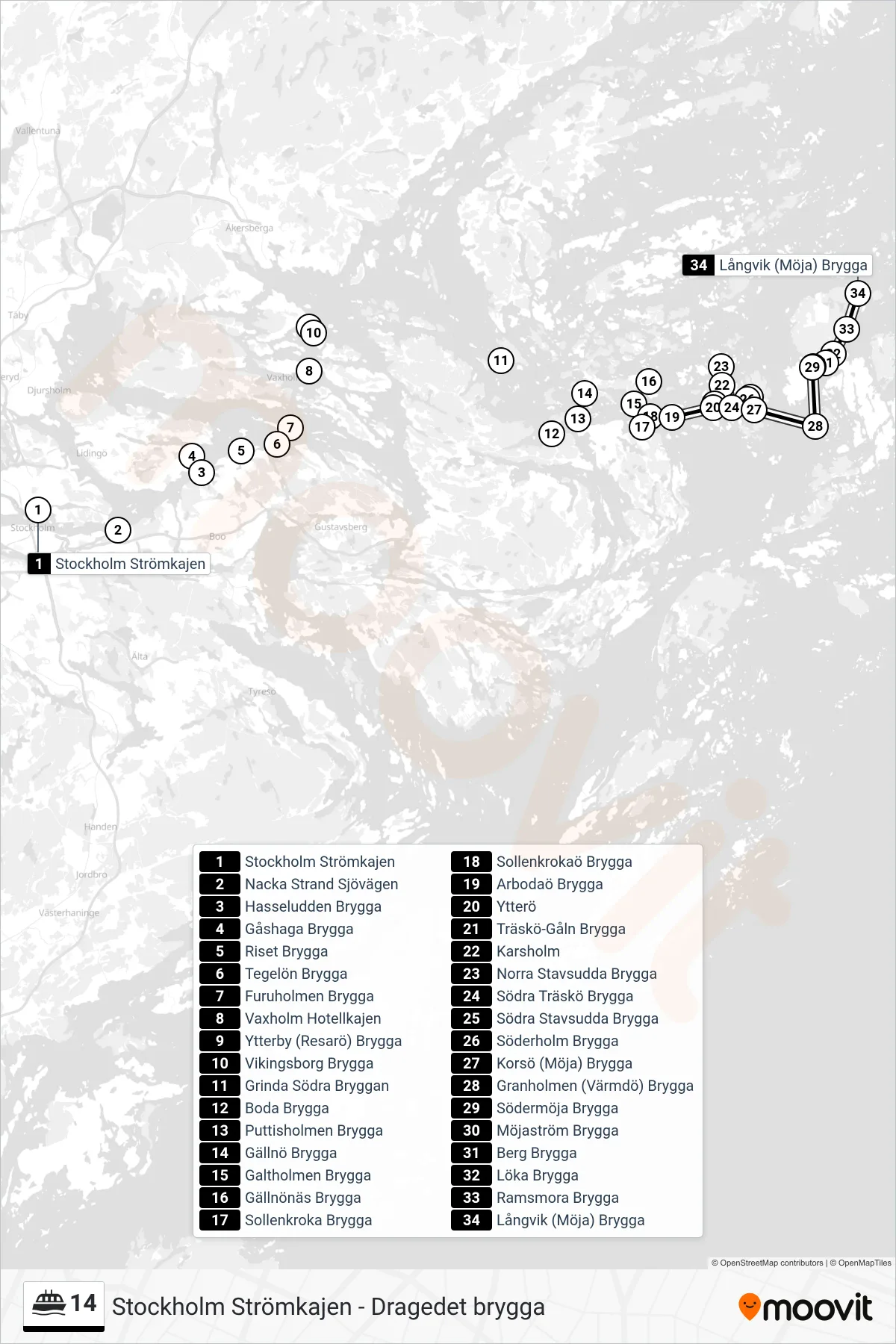 Rutt och hållplatser på karta för linje 14 färja, (Långvik (Möja) Brygga)