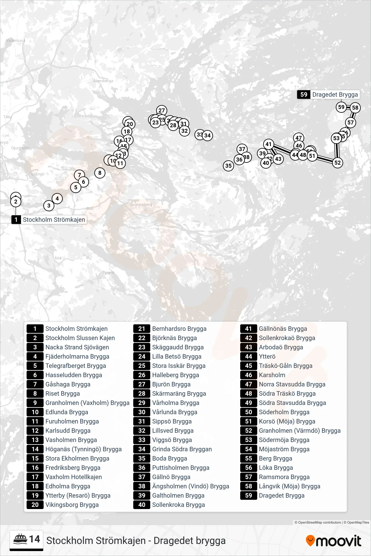 Rutt och hållplatser på karta för linje 14  färja, (Dragedet Brygga)