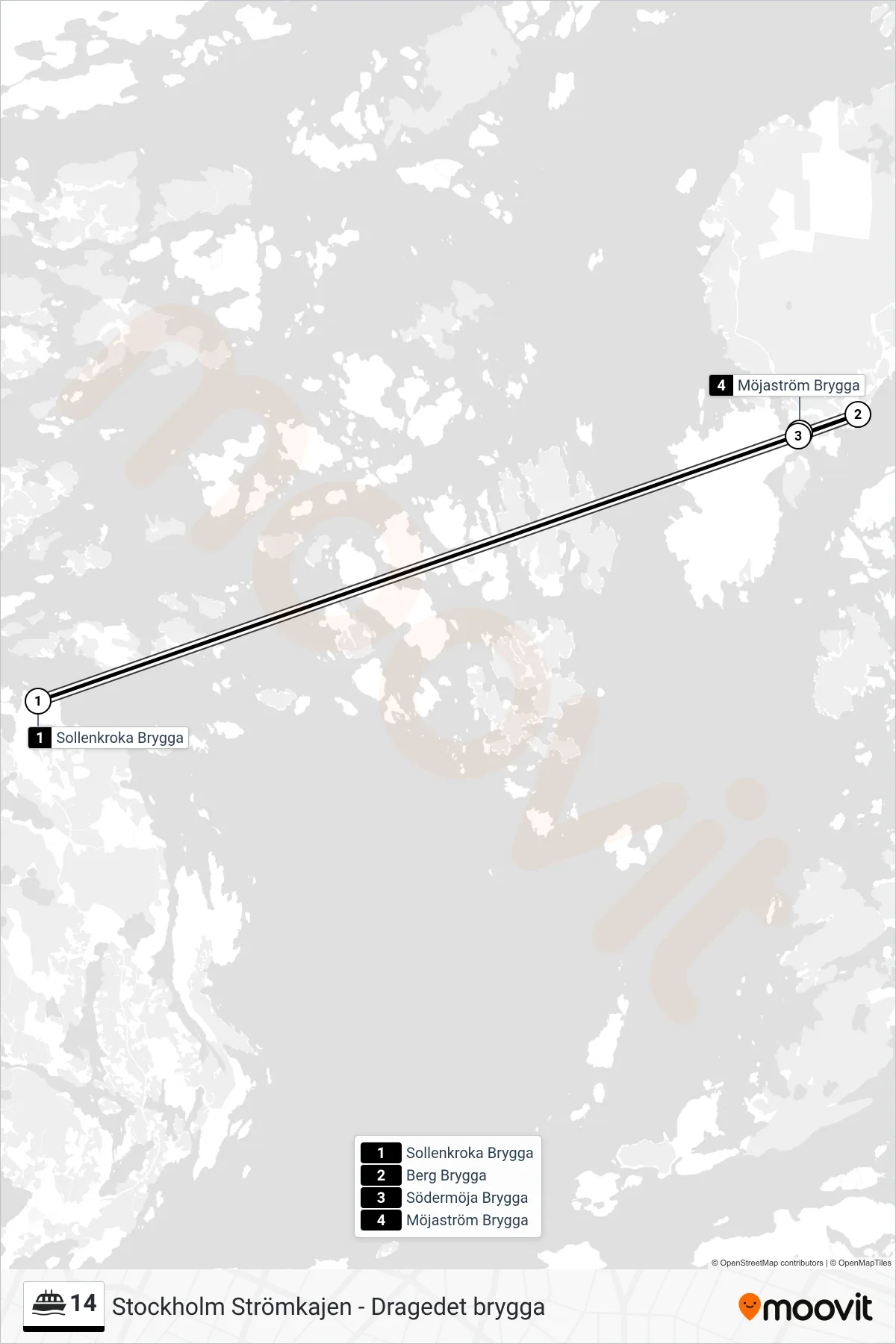 Rutt och hållplatser på karta för linje 14  färja, (Möjaström Brygga)