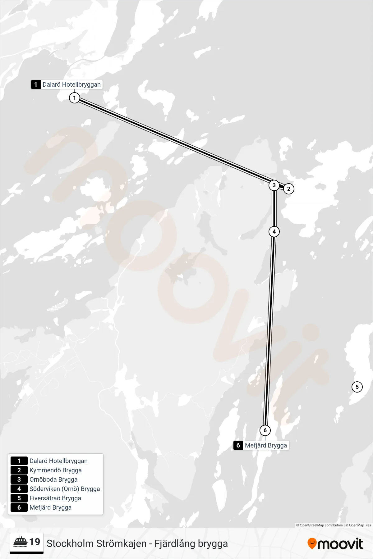 Rutt och hållplatser på karta för linje 19 färja, (Mefjärd Brygga)