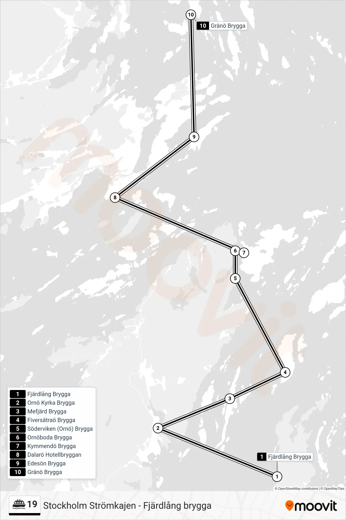 Rutt och hållplatser på karta för linje 19 färja, (Gränö Brygga)