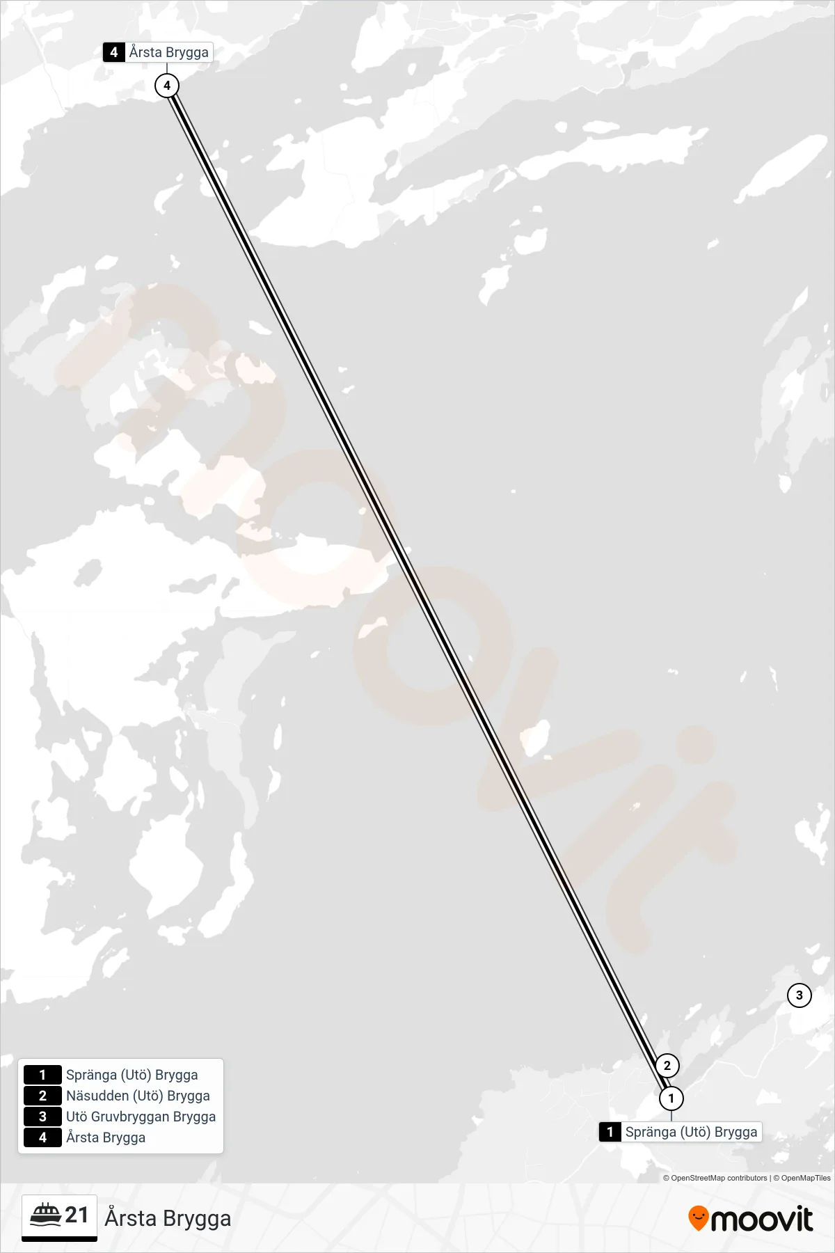 Rutt och hållplatser på karta för linje 21  färja, (Årsta Brygga)