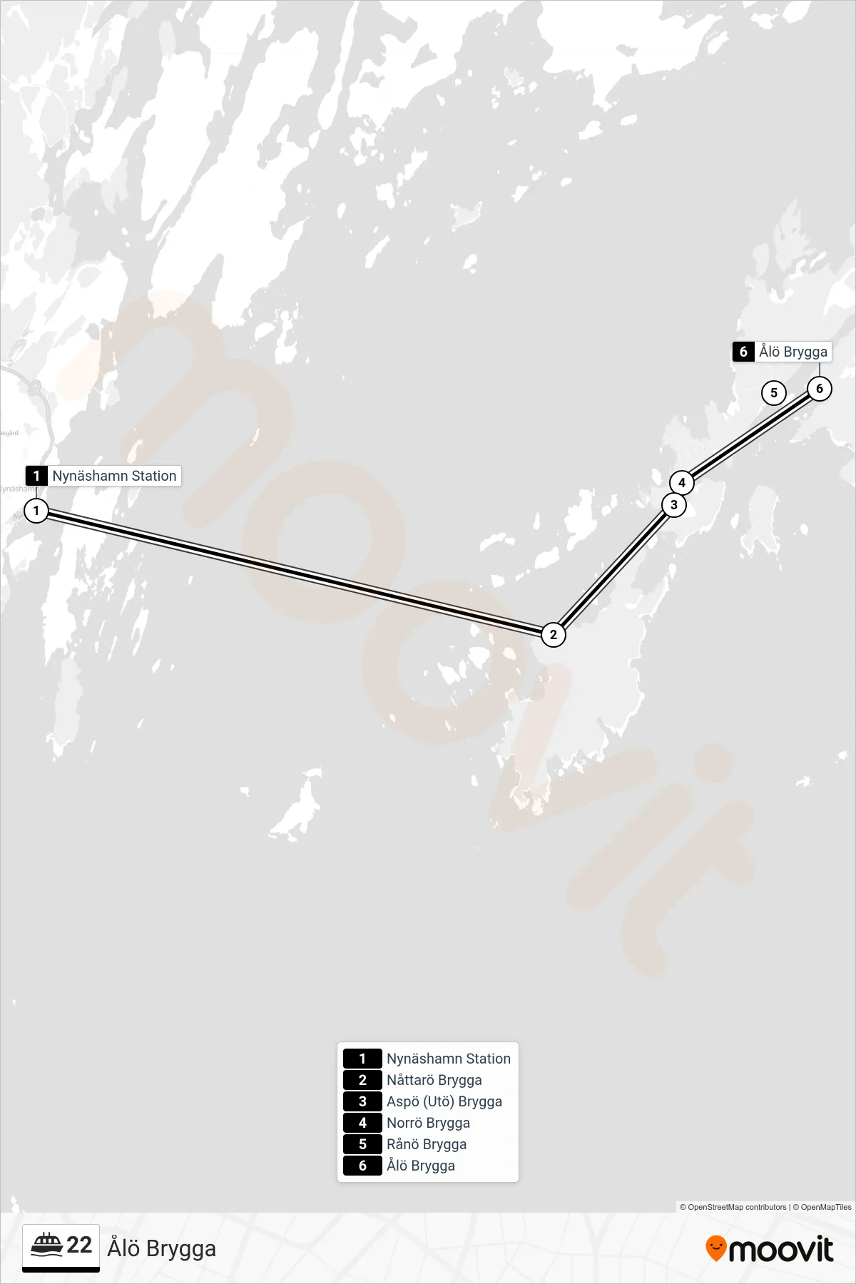 Rutt och hållplatser på karta för linje 22  färja, (Ålö Brygga)