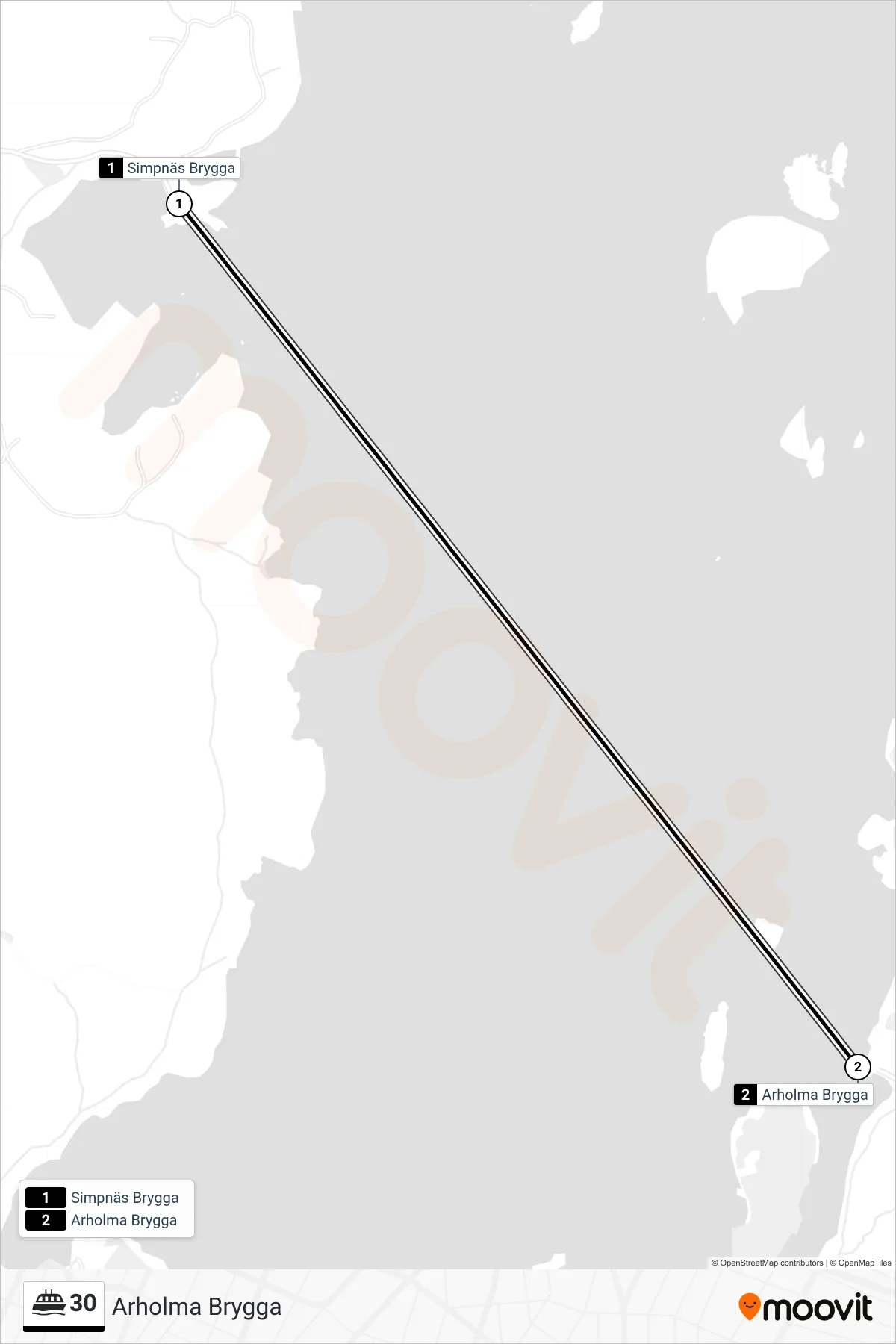 Rutt och hållplatser på karta för linje 30  färja, (Arholma Brygga)