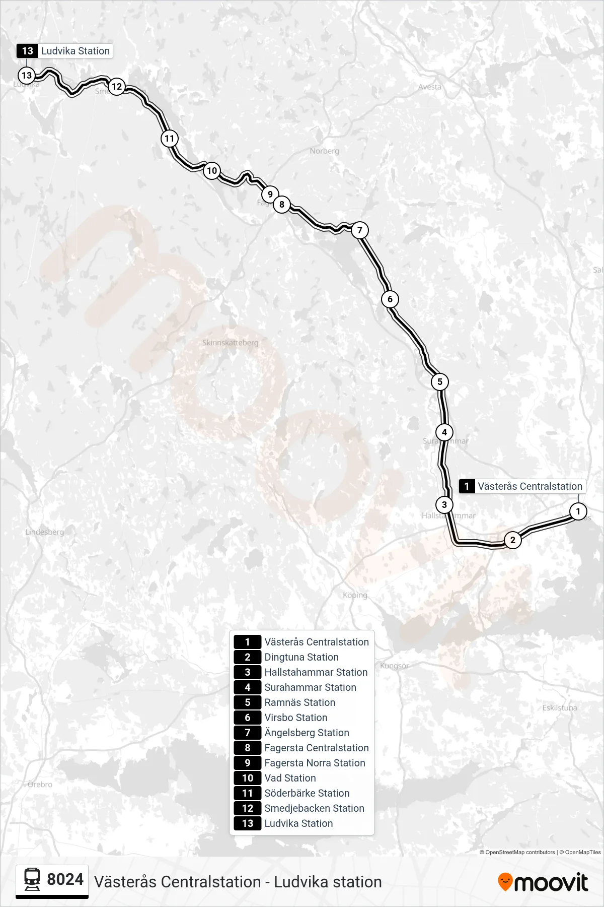 Rutt och hållplatser på karta för linje 8024 spårvagn, (Ludvika Station)