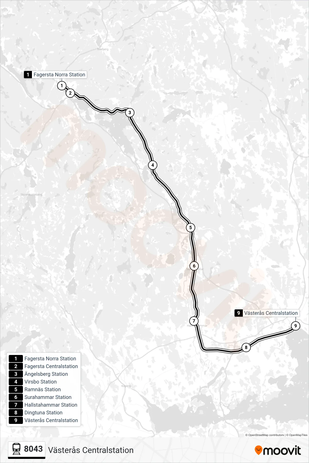 Rutt och hållplatser på karta för linje 8043 spårvagn, (Västerås Centralstation)