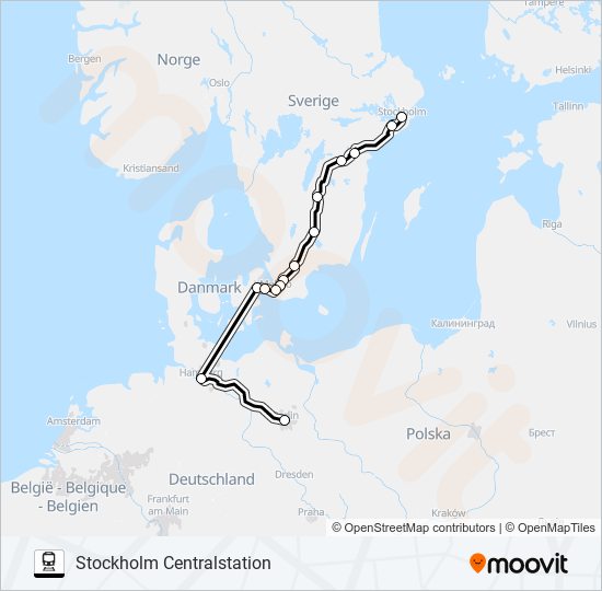 BERLIN HBF - STOCKHOLM CENTRALSTATION tåg Linje karta
