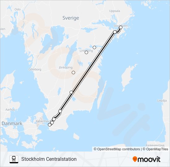 MALMÖ CENTRALSTATION - STOCKHOLM CENTRALSTATION tåg Linje karta