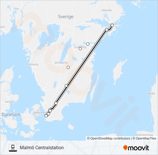 STOCKHOLM CENTRALSTATION - MALMÖ CENTRALSTATION tåg Linje karta