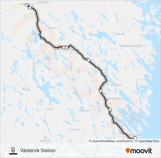 LINKÖPING CENTRALSTATION - VÄSTERVIK STATION Train Line Map
