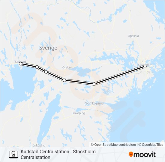 KARLSTAD CENTRALSTATION - STOCKHOLM CENTRALSTATION tåg Linje karta