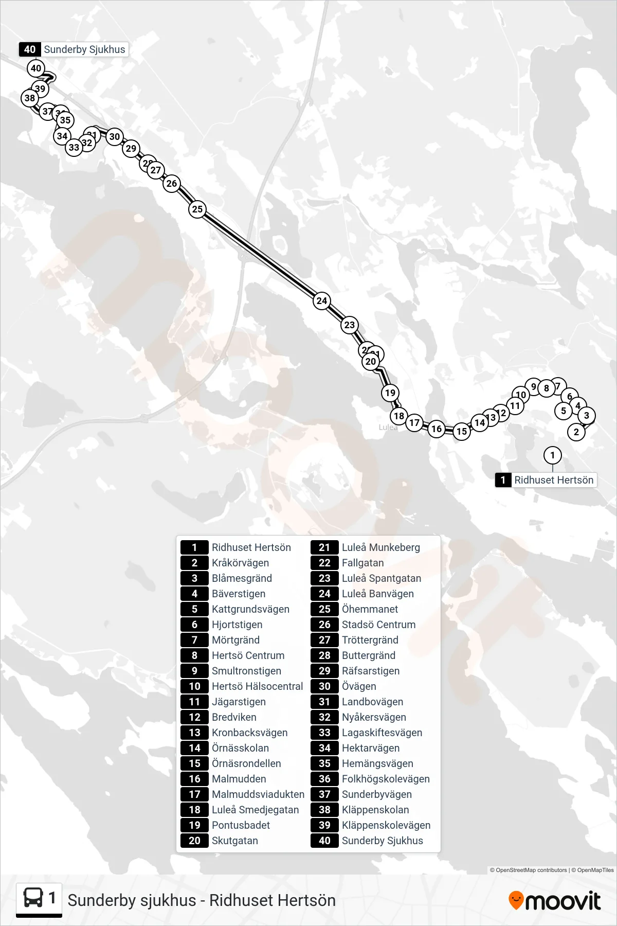 Rutt och hållplatser på karta för linje 1 spårvagn, (Sunderby Sjukhus)