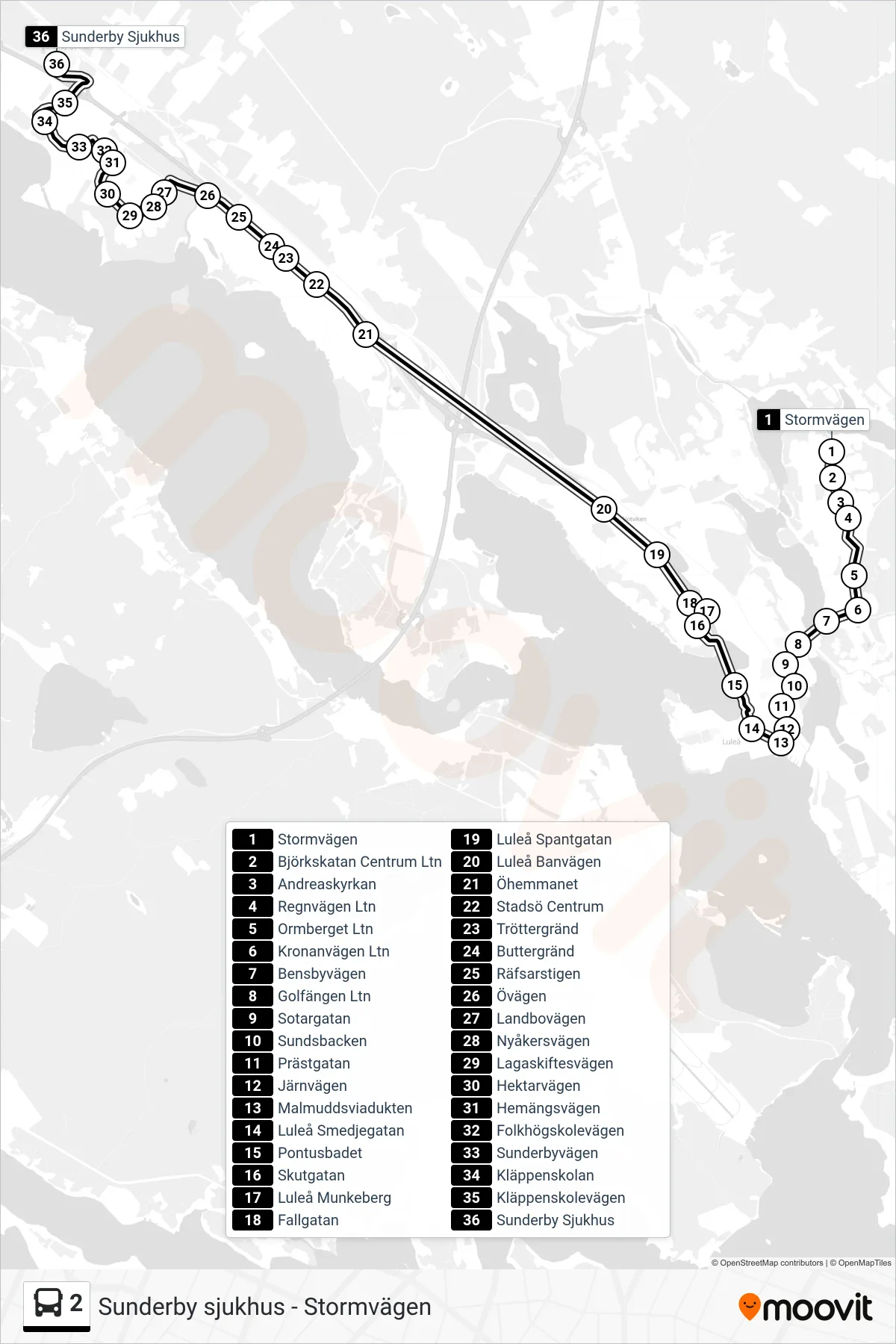 Rutt och hållplatser på karta för linje 2 spårvagn, (Sunderby Sjukhus)