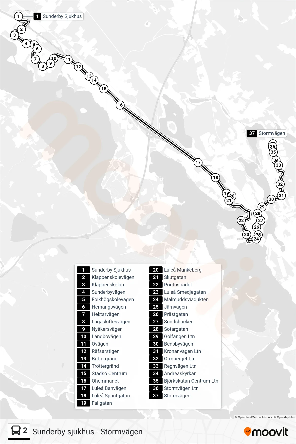 Rutt och hållplatser på karta för linje 2 spårvagn, (Stormvägen)