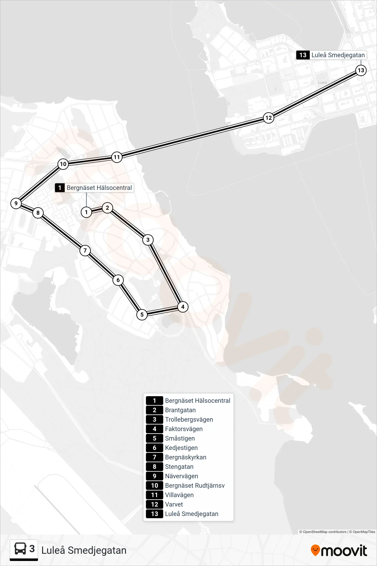 Rutt och hållplatser på karta för linje 3 spårvagn, (Luleå Smedjegatan)