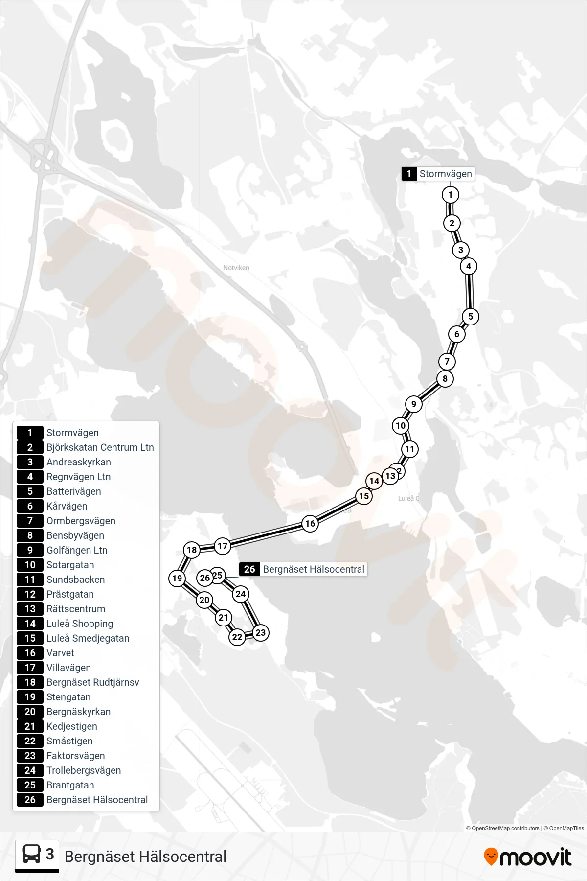 Rutt och hållplatser på karta för linje 3 spårvagn, (Bergnäset Hälsocentral)
