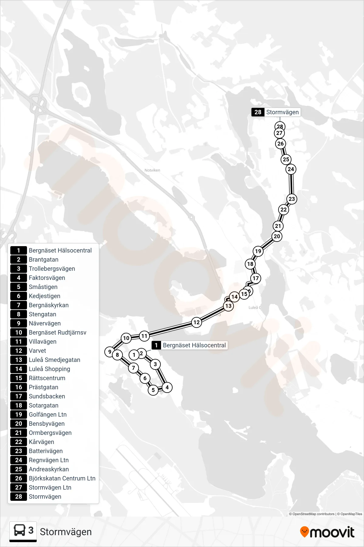 Rutt och hållplatser på karta för linje 3  spårvagn, (Stormvägen)