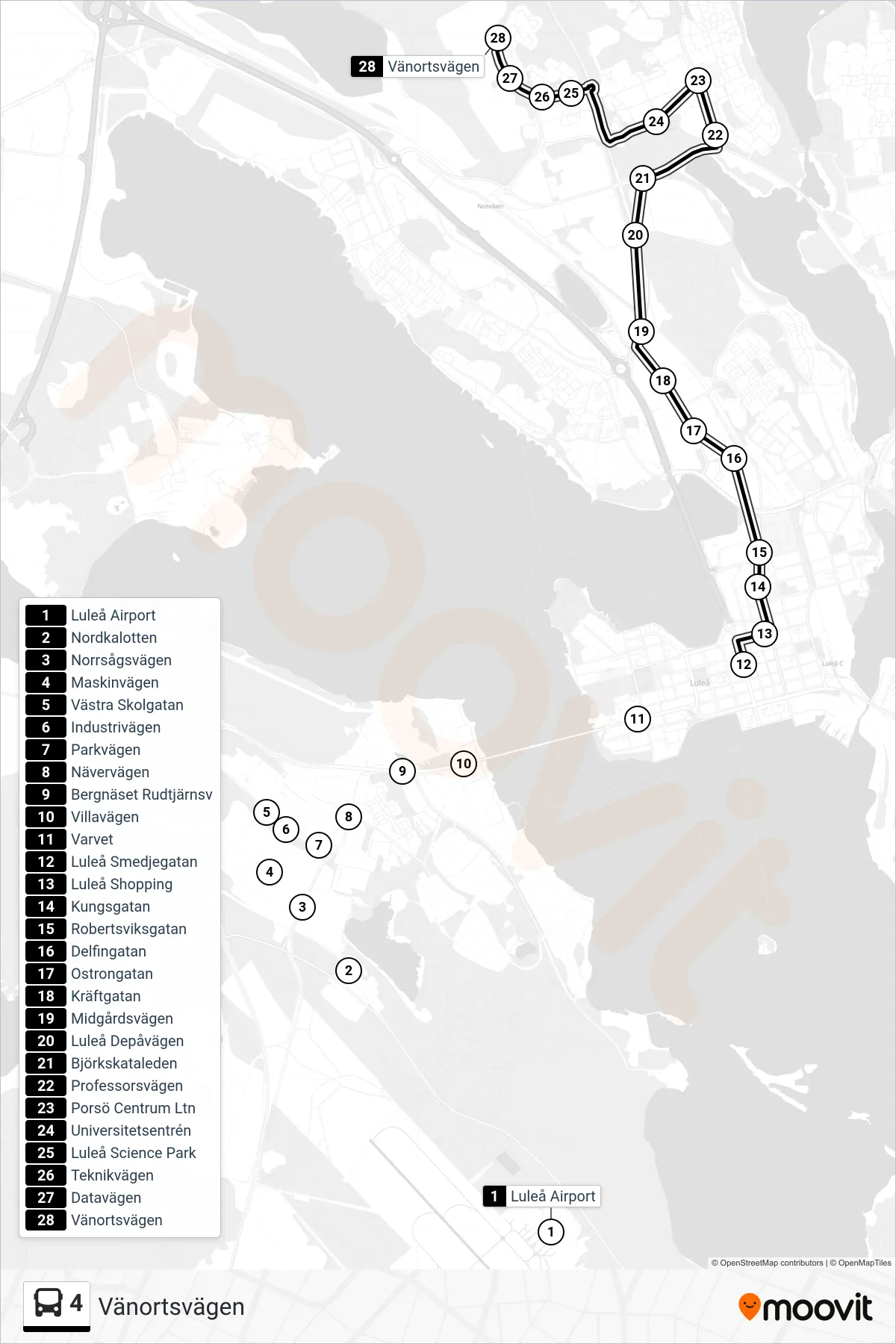 Rutt och hållplatser på karta för linje 4 spårvagn, (Vänortsvägen)